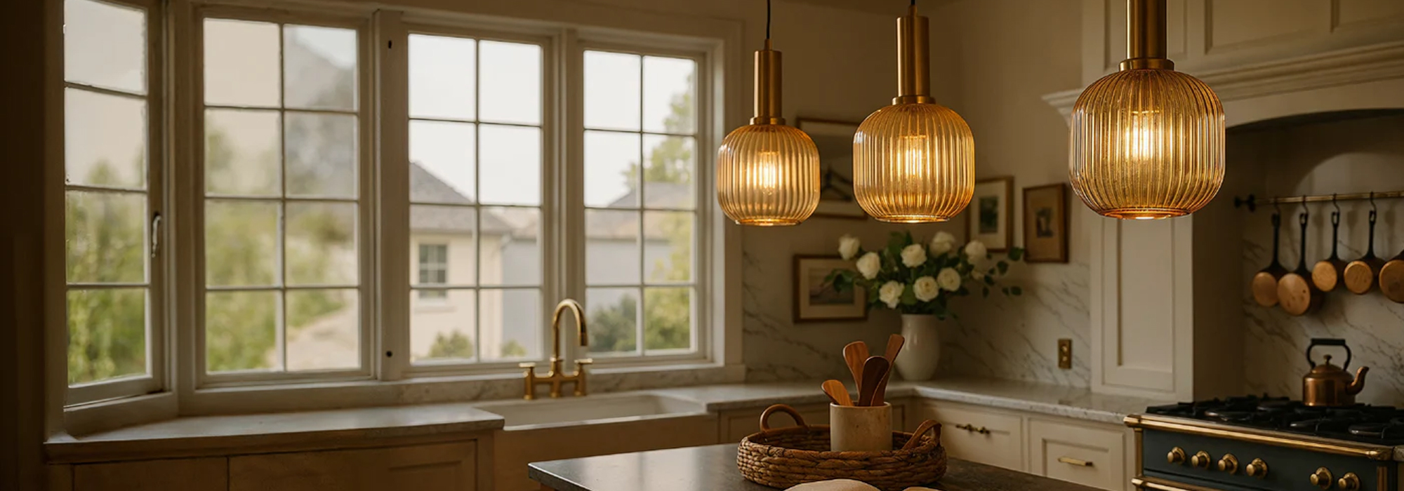Three ribbed gold pendant lights hanging over a kitchen island, perfect for a dining space.