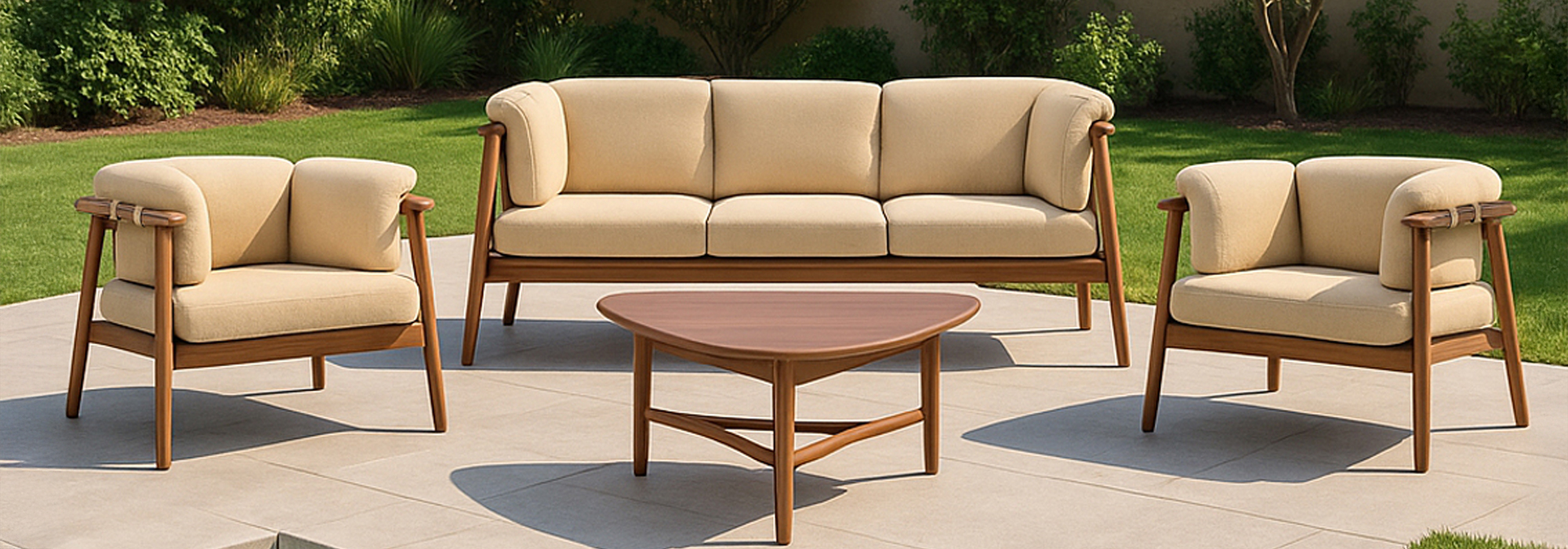 Stylish outdoor sofa set with wood frames and beige cushions on a garden patio..