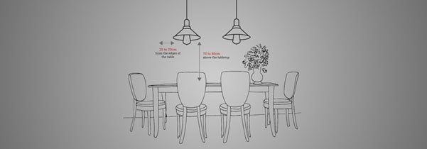 An illustration showing the correct height and spacing for hanging two pendant lights over a dining table.