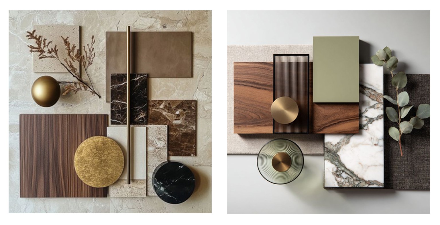 Moodboard showing dark wood, marble, and brass material combinations