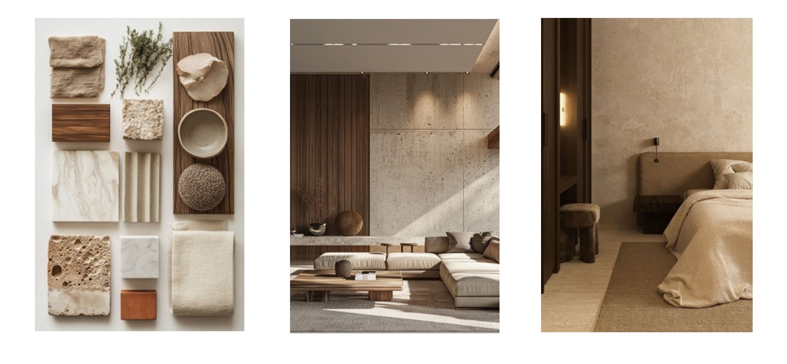Moodboard of natural materials including wood, stone, and textured fabrics
