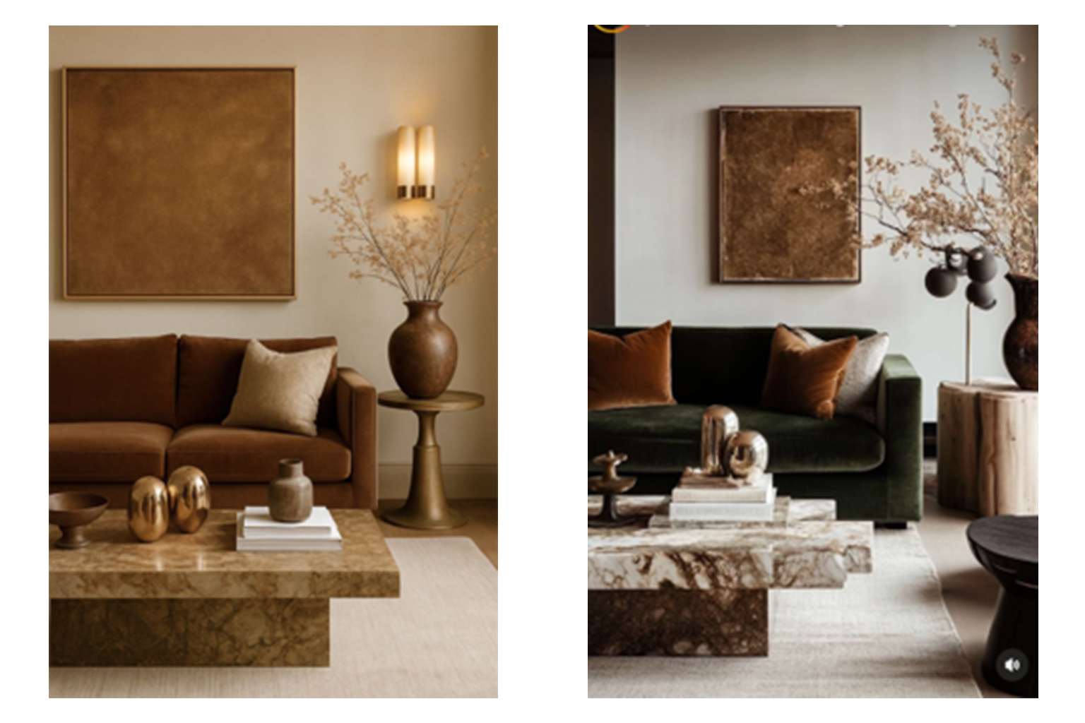 Modern living room with brown velvet sofa and olive green accents