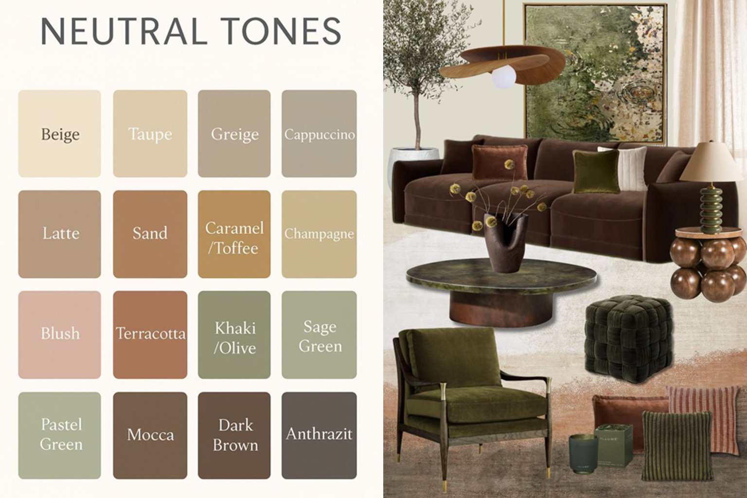 Neutral tones colour chart featuring beige, taupe, and earthy hues