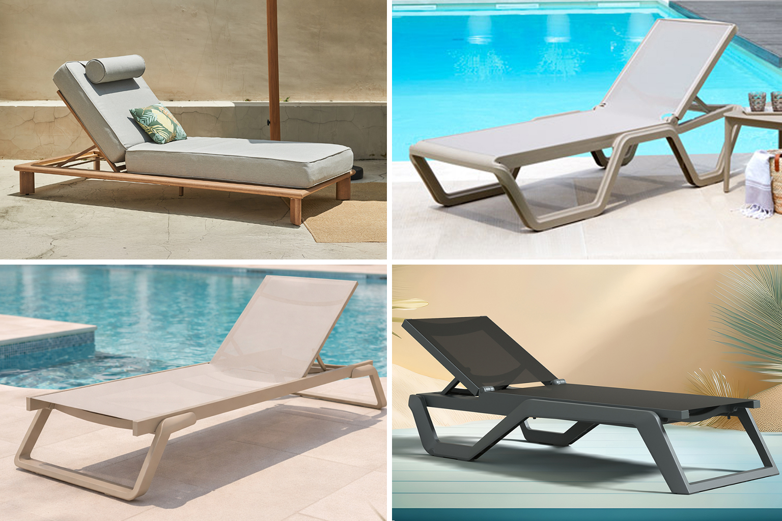 A grid showcasing four different styles of commercial sunloungers