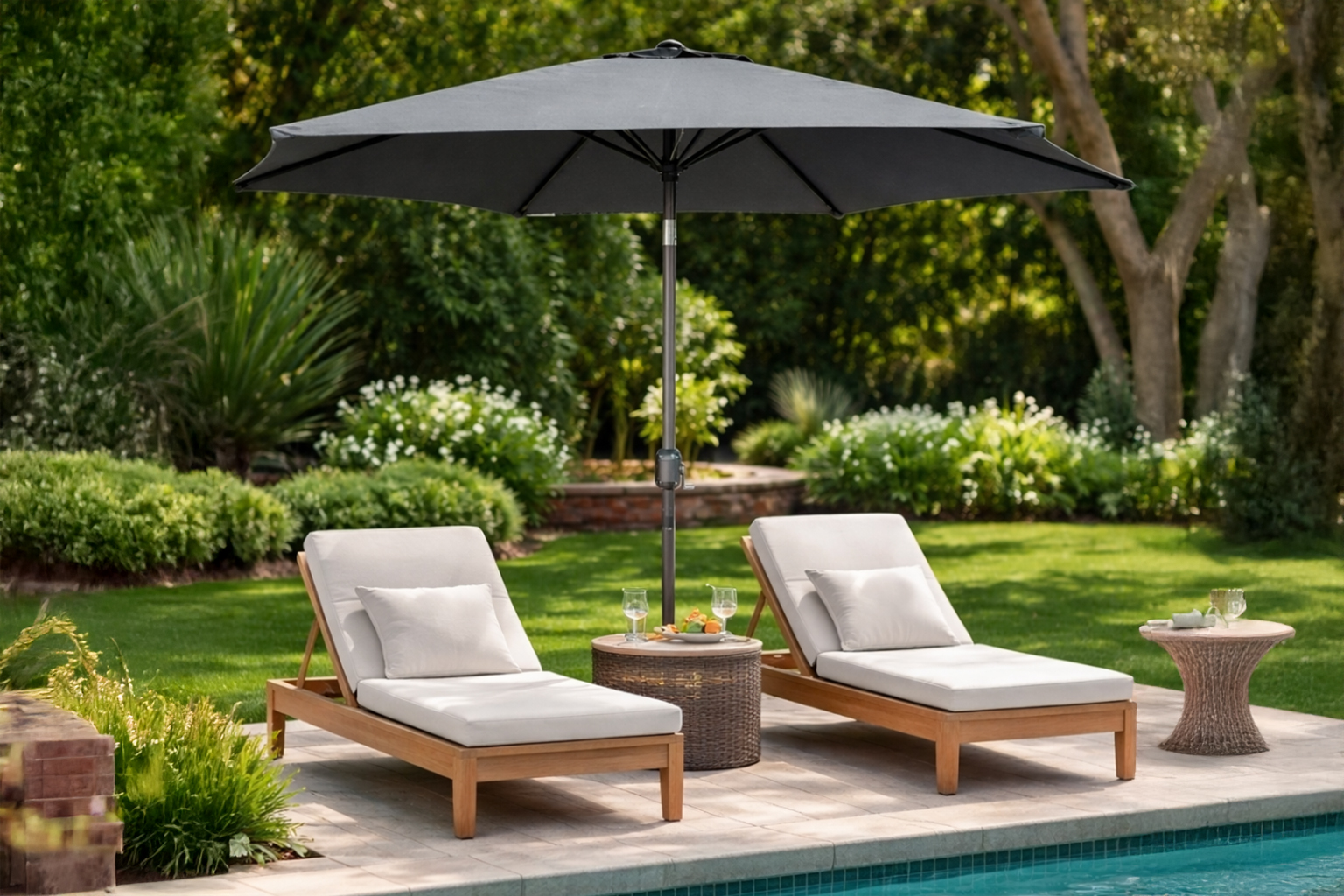 Two wooden sunloungers shaded by a large black parasol in a garden