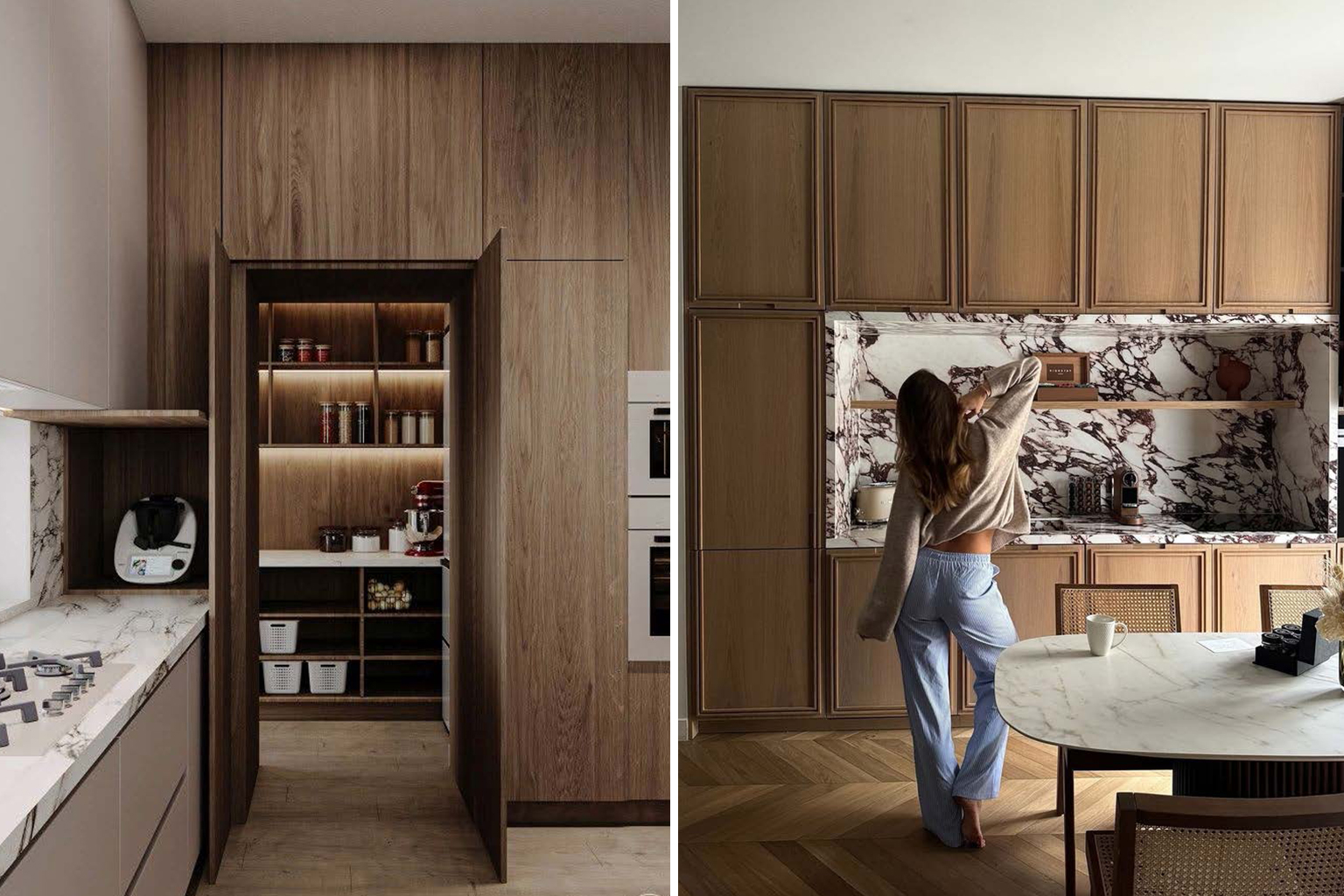Kitchen storage pantry and elegant wood cabinets with marble backsplash