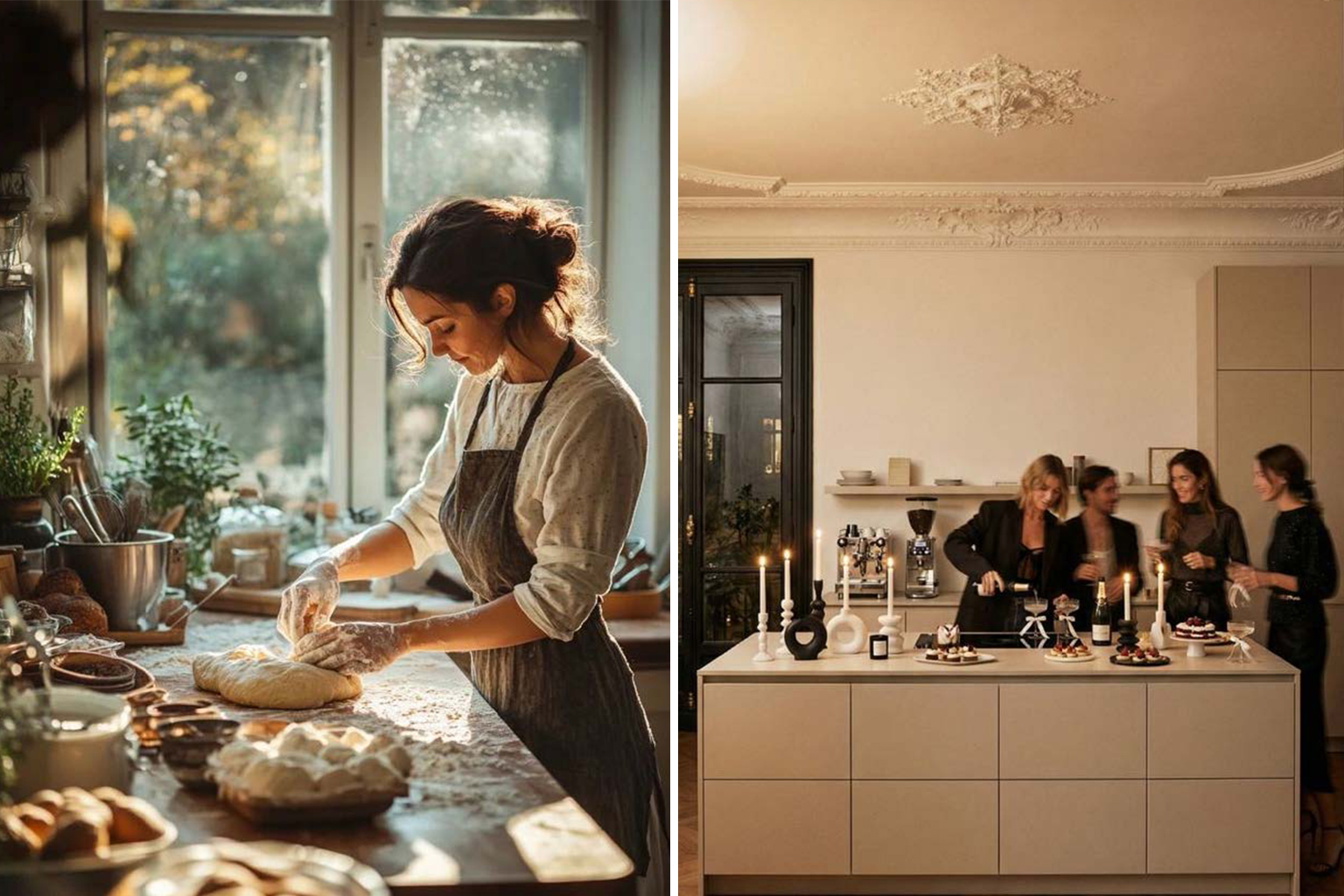 Woman baking and friends entertaining around a kitchen island