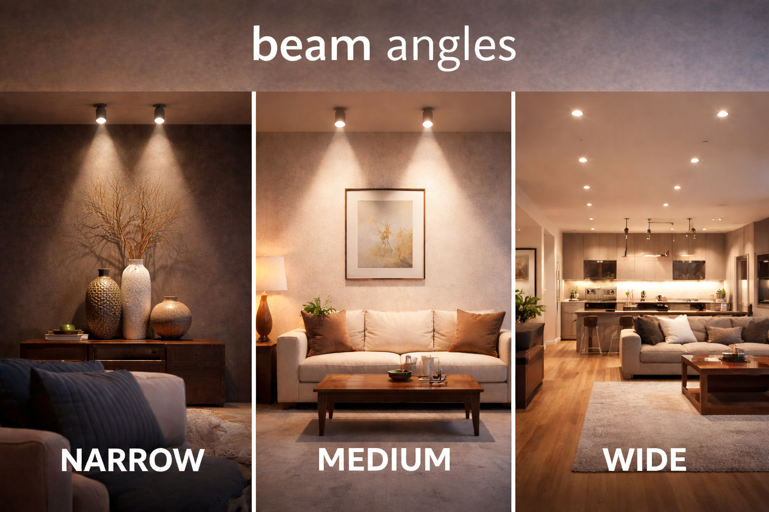 Comparison between narrow and wide beam angle lighting in a living room setting.
