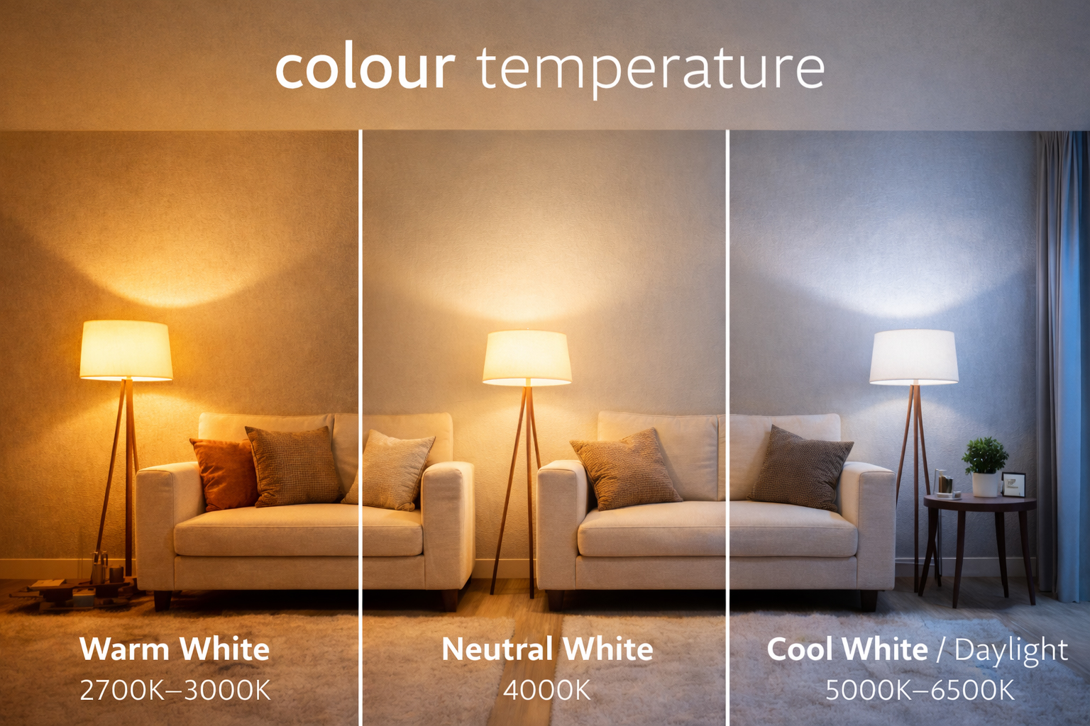 Comparison of different lighting colour temperatures in a residential interior.