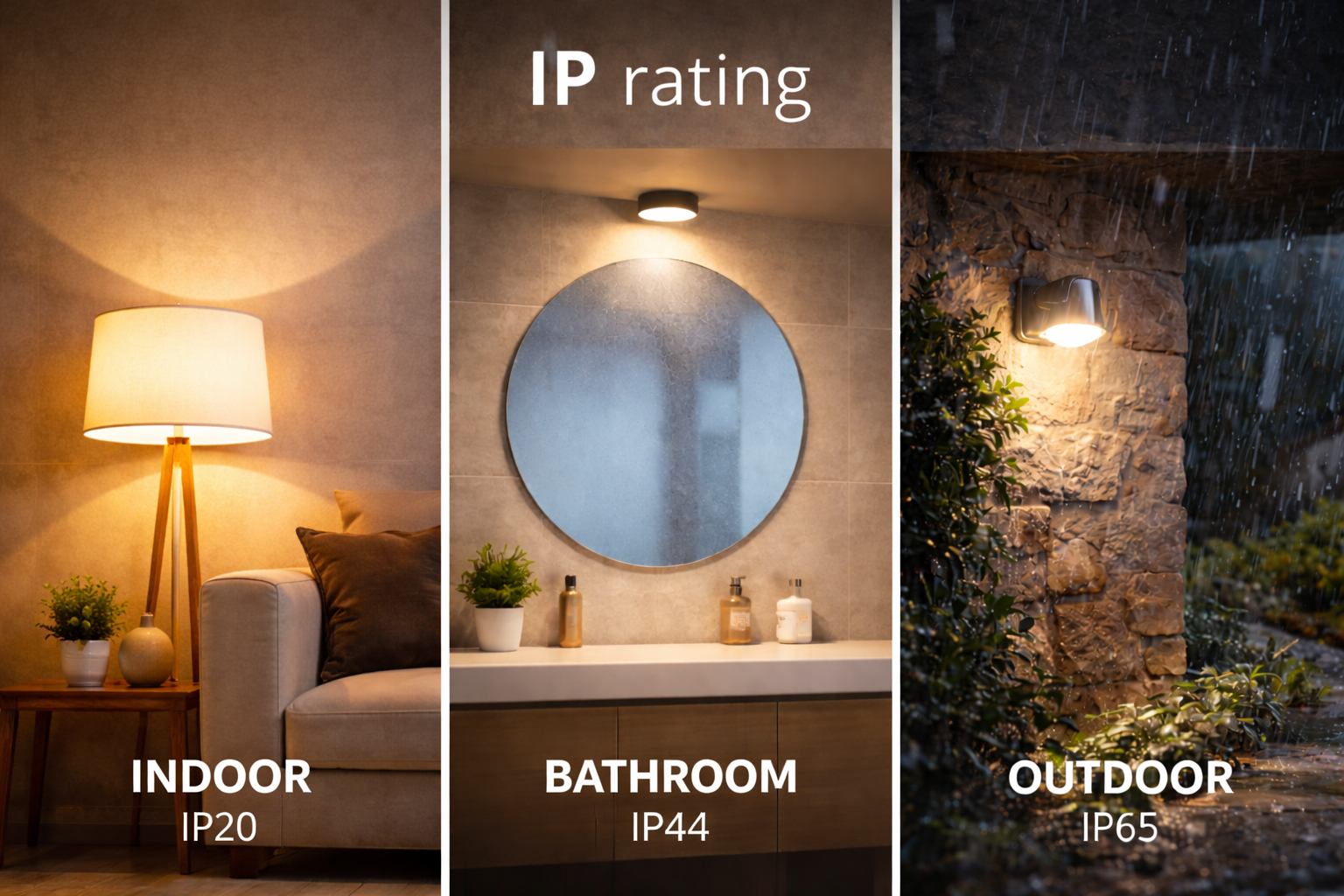 Lighting IP rating comparison showing indoor, bathroom, and outdoor lighting protection levels.