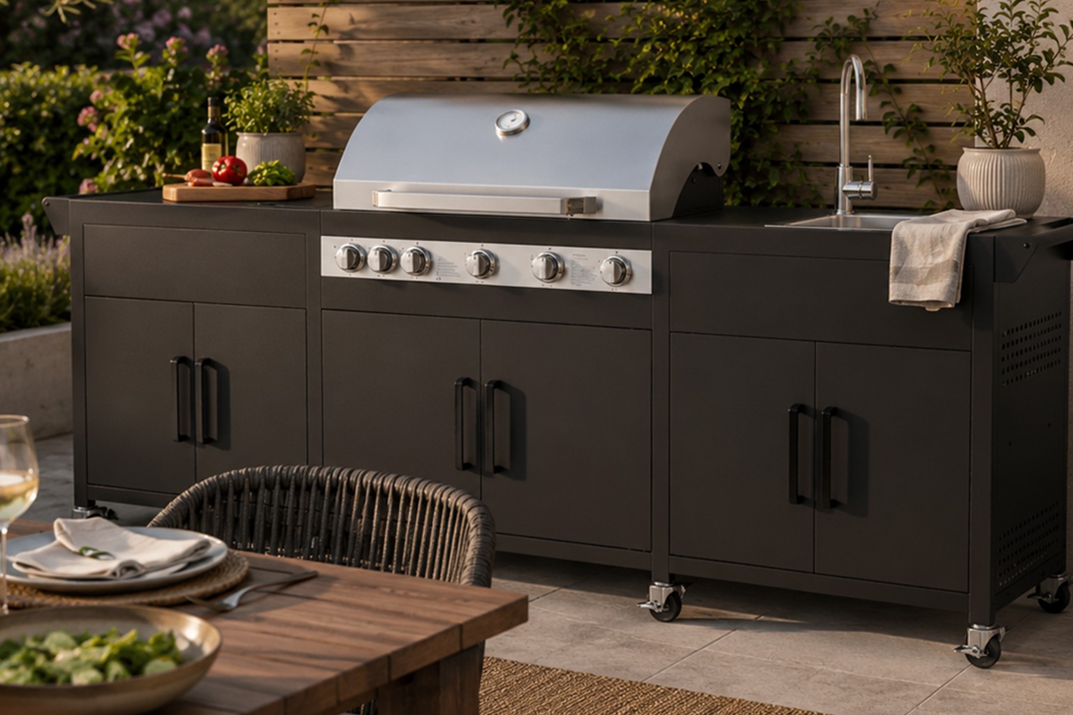 Black outdoor kitchen with sink and storage for a terrace or BBQ area