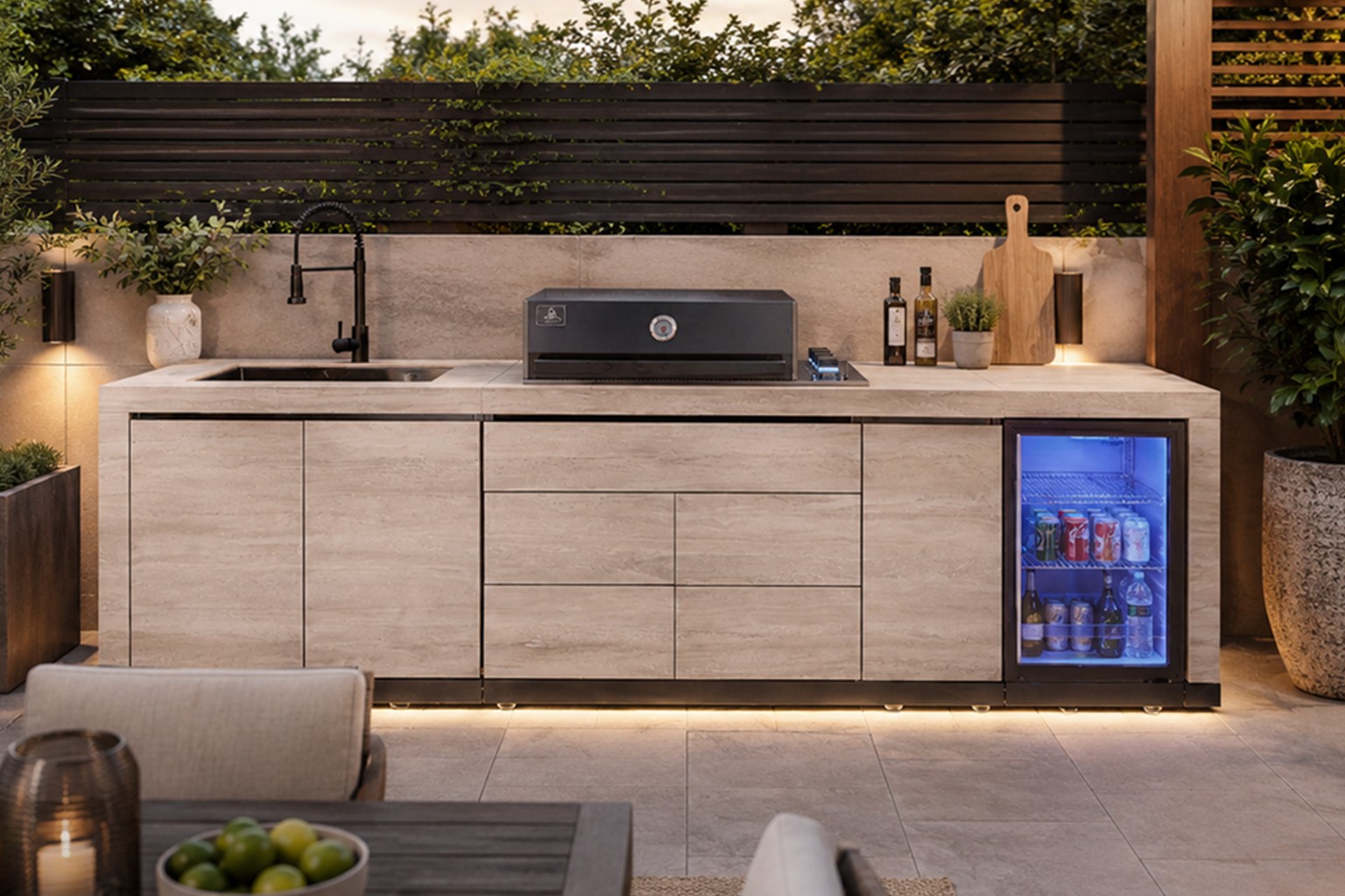 High-end outdoor kitchen in a Madrid yellow finish