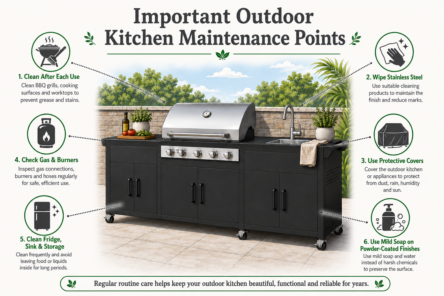 Outdoor kitchen maintenance points for cleaning and protecting BBQ stations