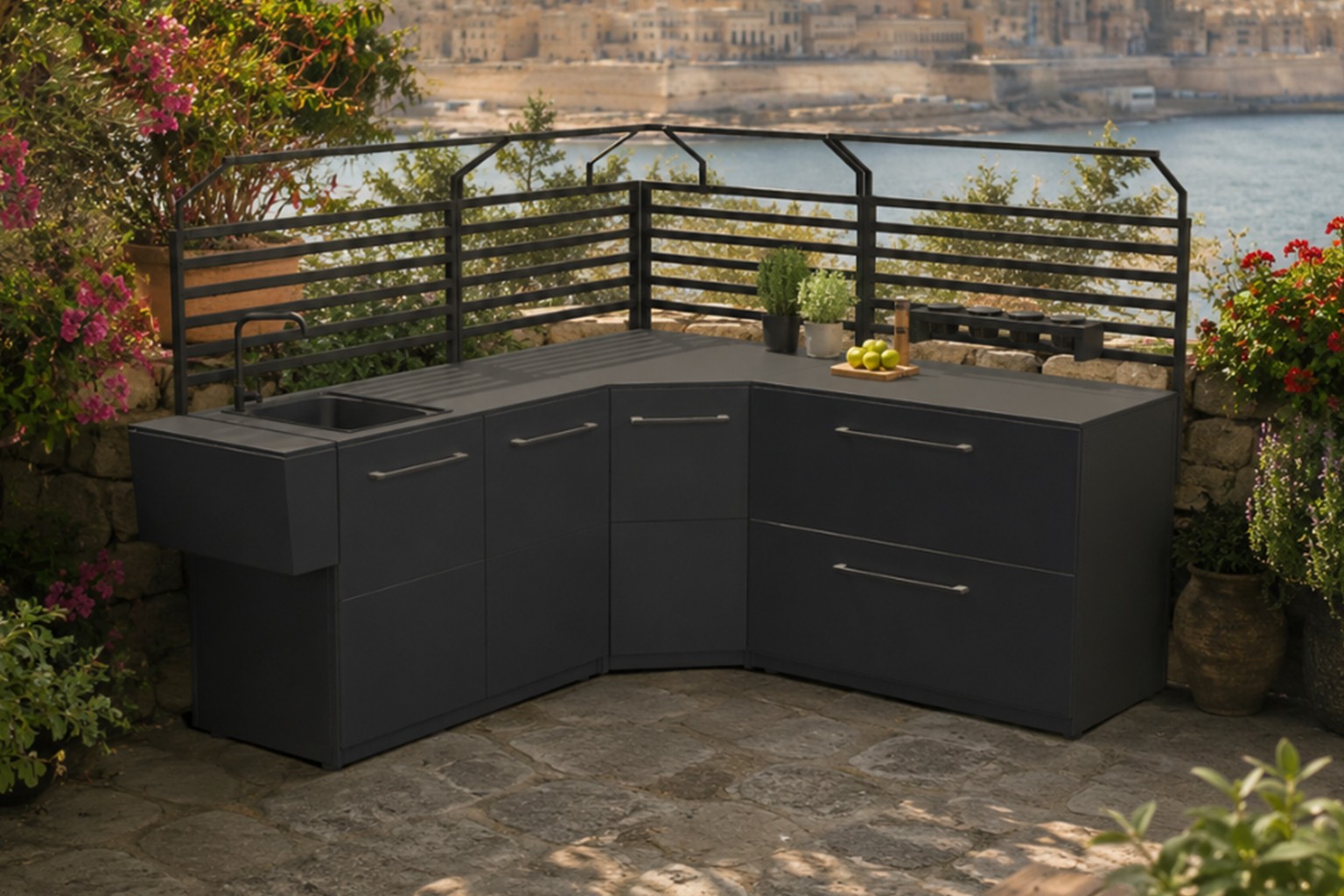 Black modular outdoor kitchen set for modern outdoor entertaining