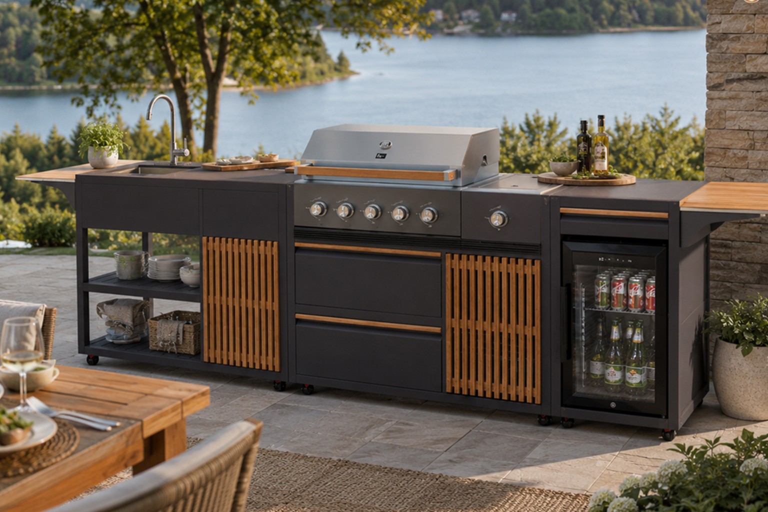 Outdoor kitchen unit with fridge, chef worktop and grill