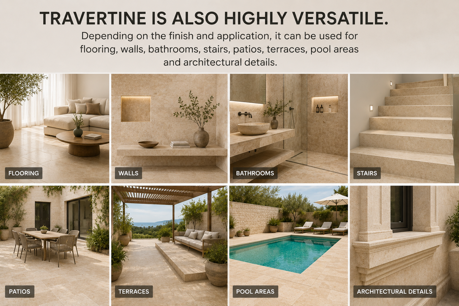 Examples of travertine used for floors, walls, bathrooms, stairs, patios, terraces and pool areas