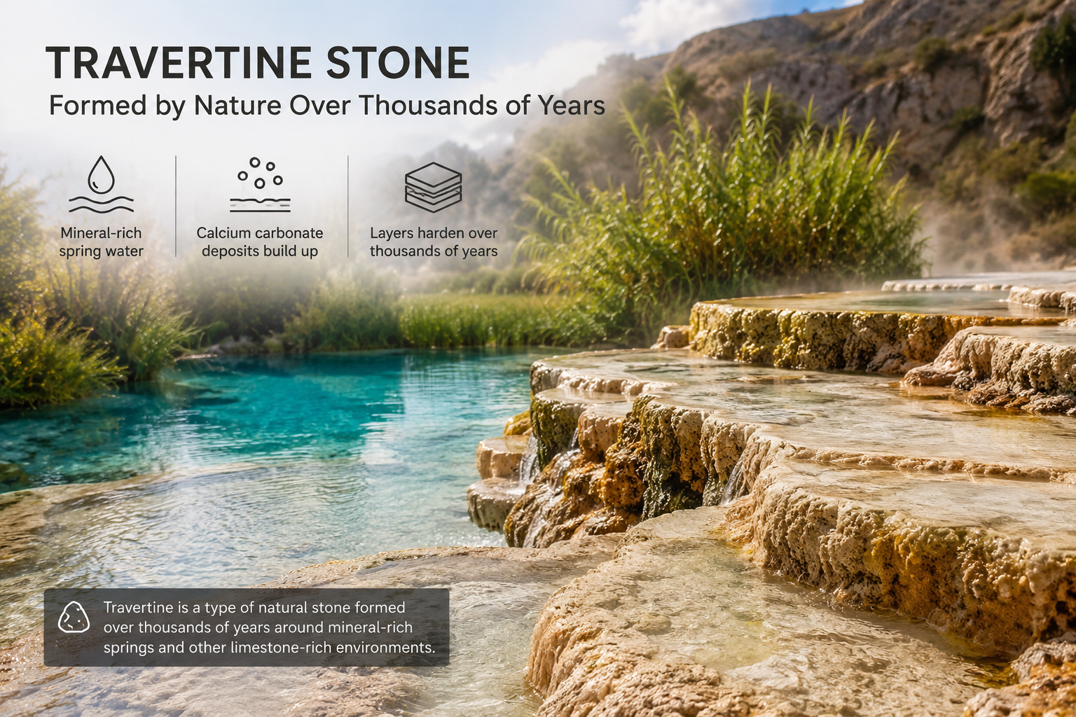 Diagram showing how travertine forms from mineral-rich water and calcium carbonate deposits