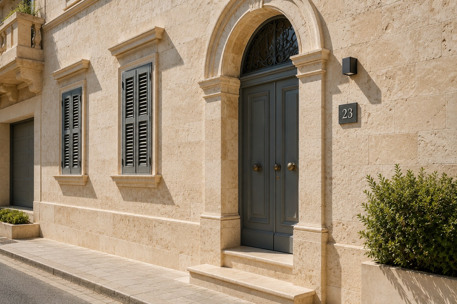Maltese-style facade finished with warm travertine stone