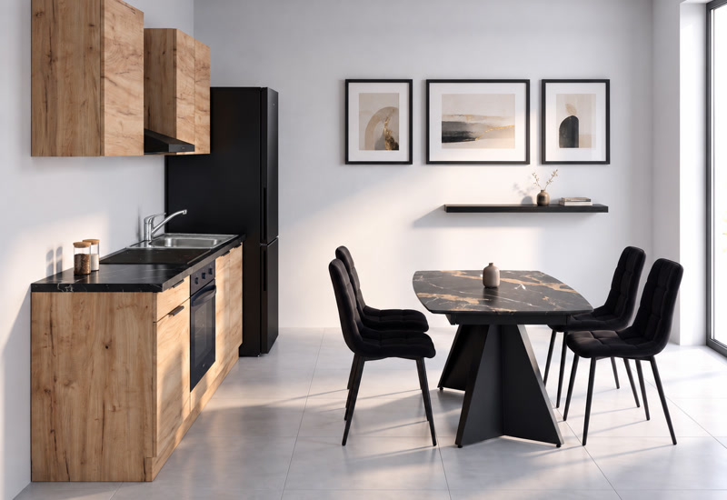 Zero-wait Furniture Package kitchen and dining area with silver sink and mixer