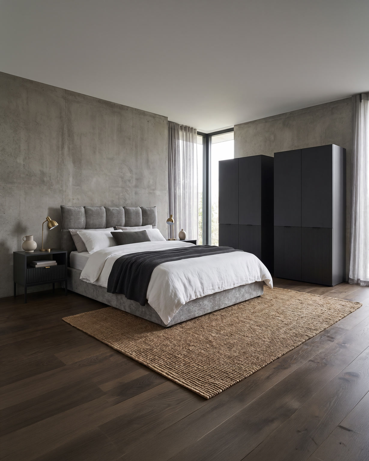 Zero-wait bedroom 1 with grey bed and wardrobes