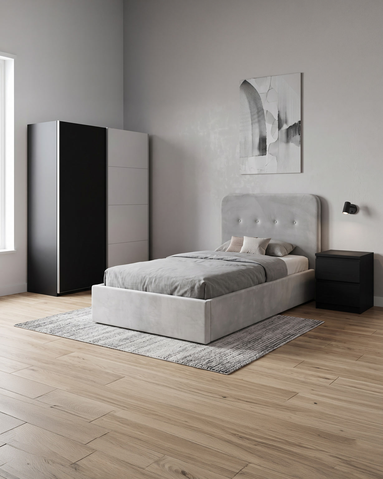 Zero-wait bedroom 2 with light-grey gas-lift bed