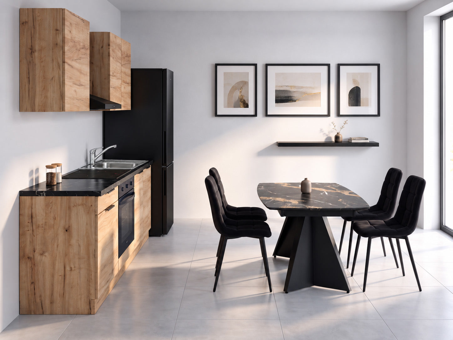 Zero-wait kitchen and dining area with silver sink and mixer