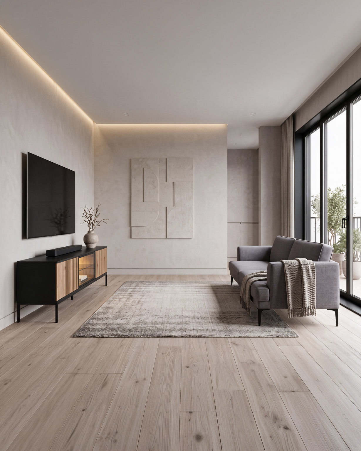 Zero-wait living room with sofa bed and TV unit